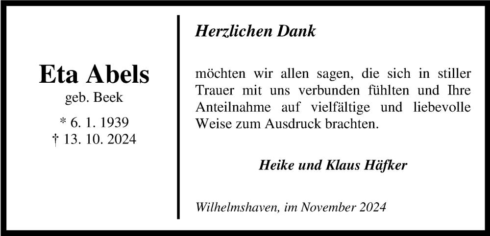  Traueranzeige für Eta Abels vom 23.11.2024 aus WZ/JW/AH