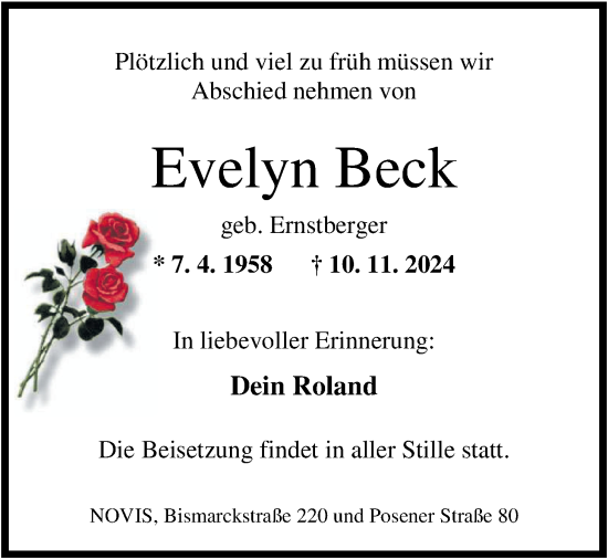 Traueranzeige von Evelyn Beck von WZ/JW/AH