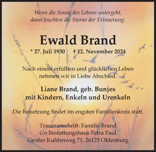 Traueranzeige von Ewald Brand von Nordwest-Zeitung