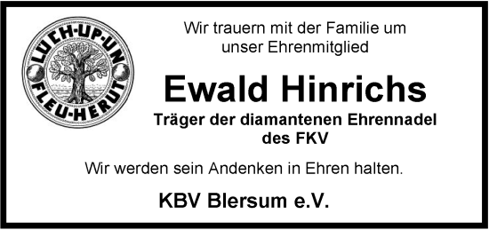 Traueranzeige von Ewald Hinrichs von WZ/JW/AH