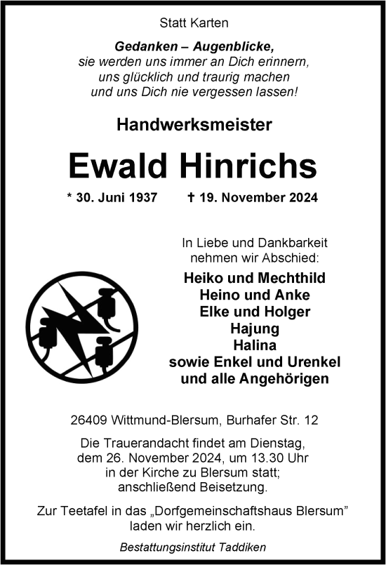 Traueranzeige von Ewald Hinrichs von WZ/JW/AH