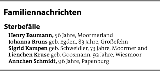 Traueranzeige von EZ Familiennachrichten von Emder Zeitung