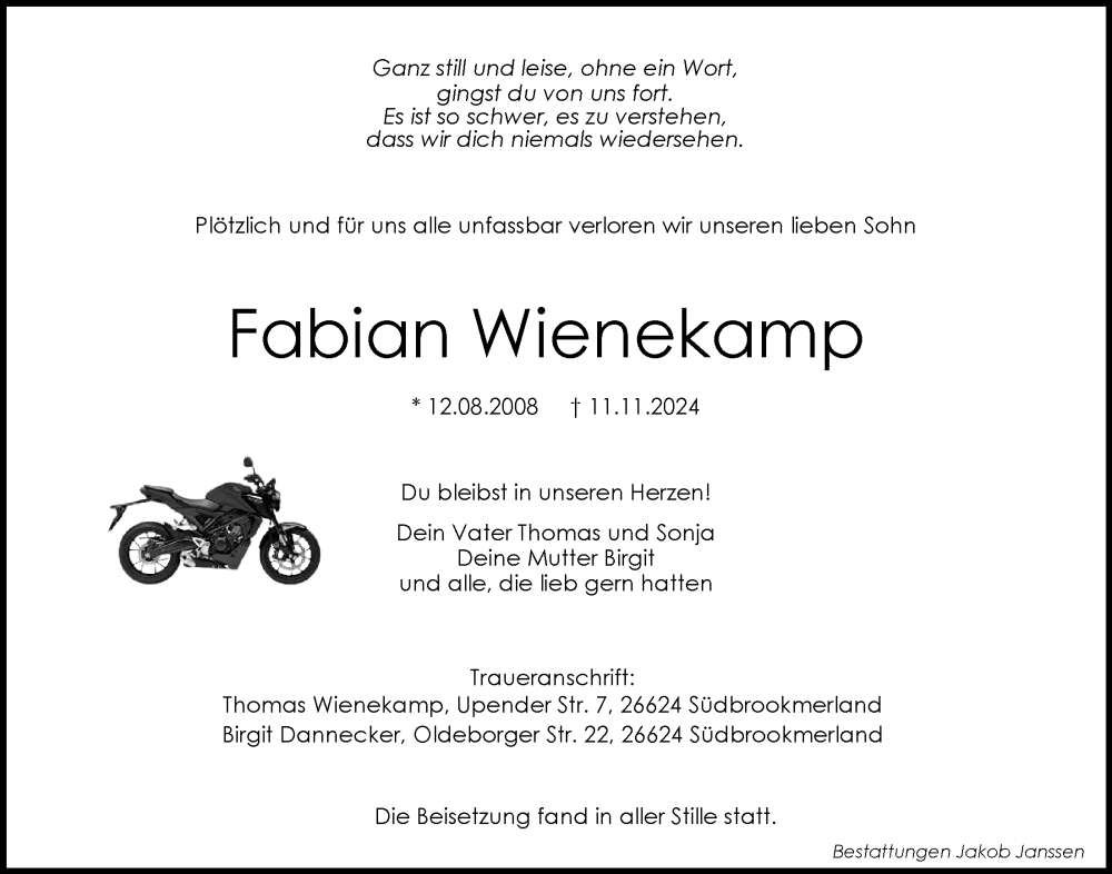  Traueranzeige für Fabian Wienekamp vom 23.11.2024 aus Emder Zeitung