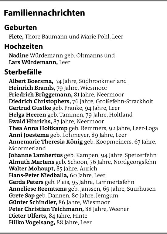 Traueranzeige von Familiennachrichten  von Emder Zeitung