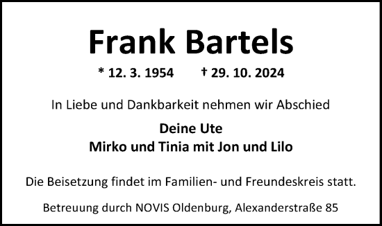 Traueranzeige von Frank Bartels von Nordwest-Zeitung