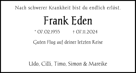 Traueranzeige von Frank Eden von WZ/JW/AH