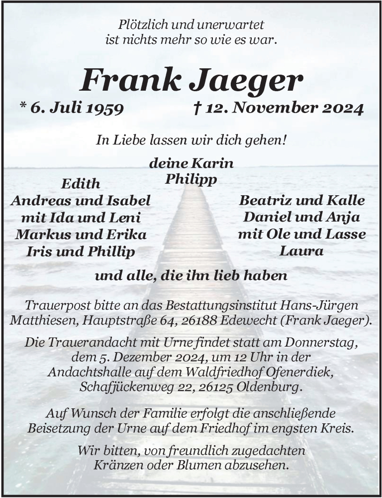  Traueranzeige für Frank Jaeger vom 23.11.2024 aus Nordwest-Zeitung