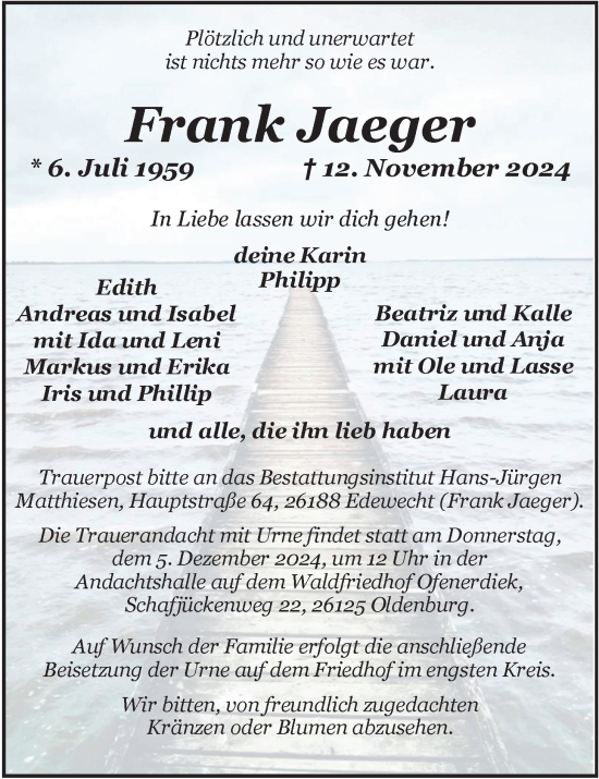 Traueranzeige von Frank Jaeger von Nordwest-Zeitung