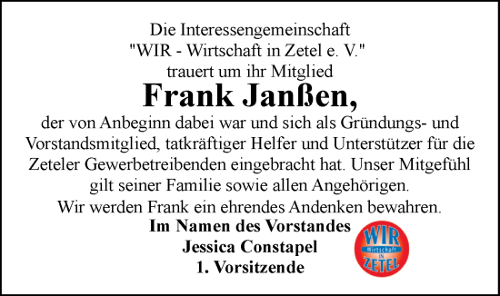 Traueranzeige von Frank Janßen von Nordwest-Zeitung