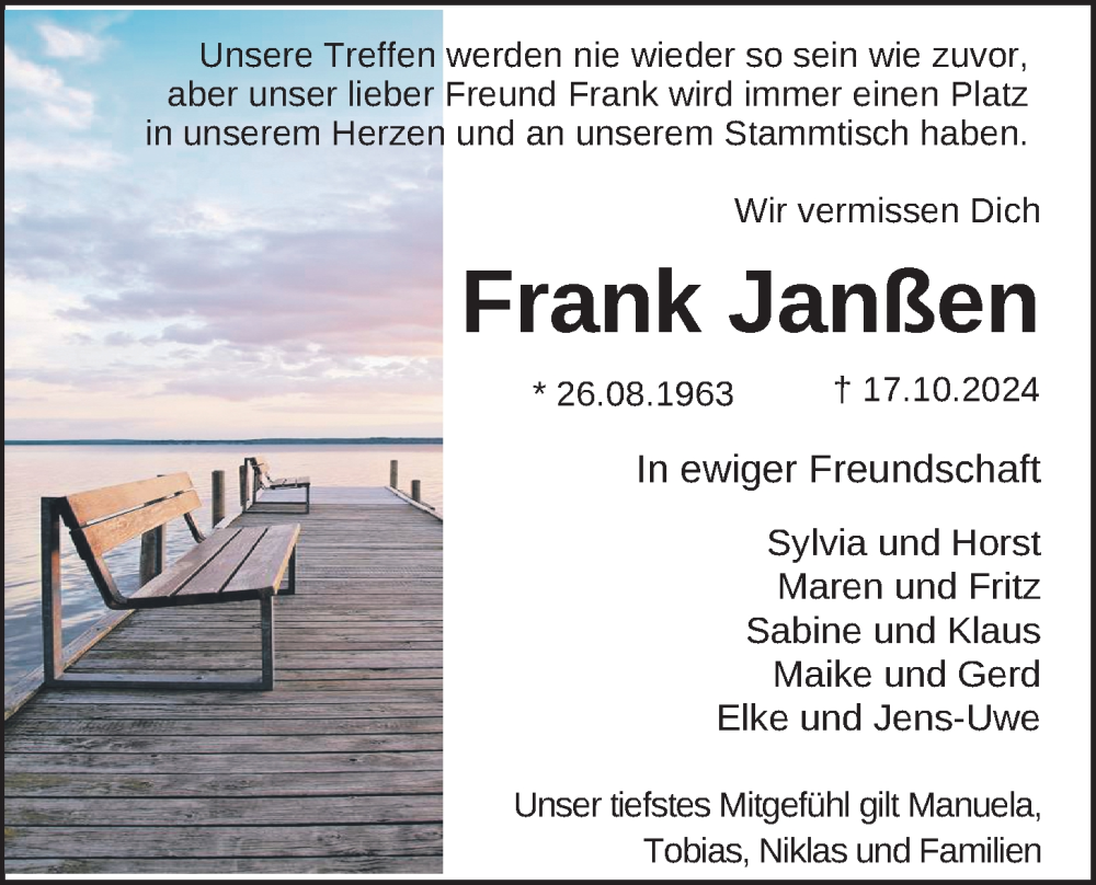  Traueranzeige für Frank Janßen vom 02.11.2024 aus Nordwest-Zeitung