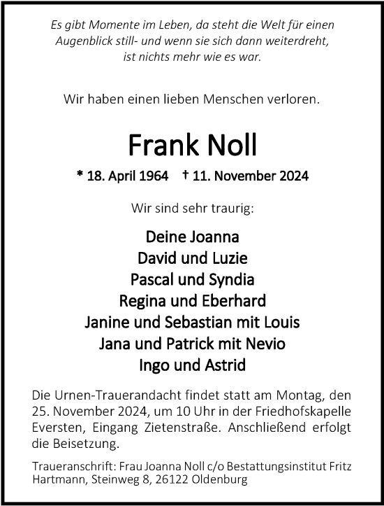 Traueranzeige von Frank Noll von Nordwest-Zeitung