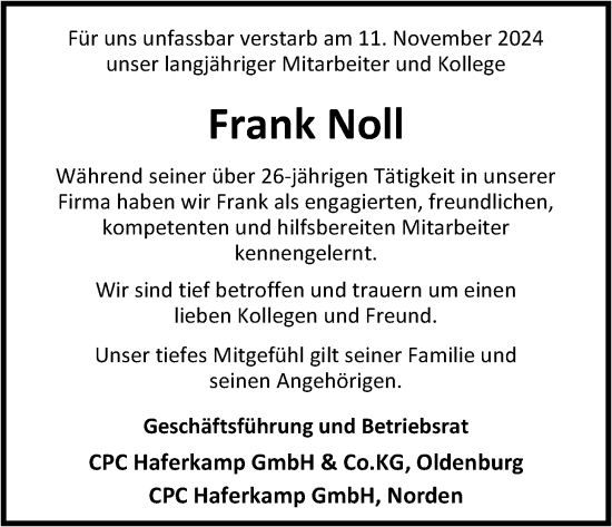 Traueranzeige von Frank Noll von Nordwest-Zeitung