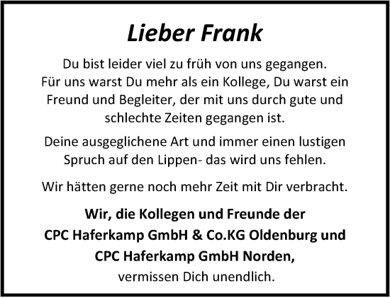 Traueranzeige von Frank Noll von Nordwest-Zeitung