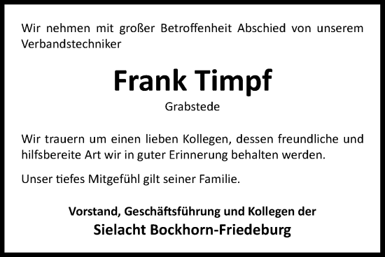 Traueranzeige von Frank Timpf von Nordwest-Zeitung