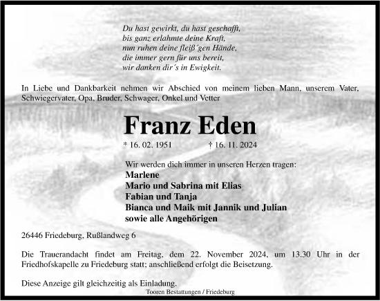 Traueranzeige von Franz Eden von WZ/JW/AH