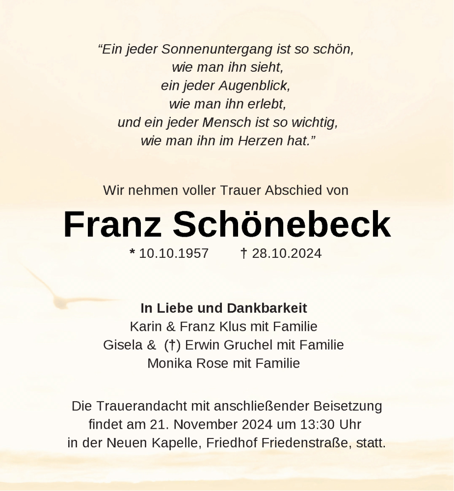  Traueranzeige für Franz Schönebeck vom 09.11.2024 aus WZ/JW/AH