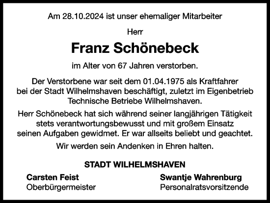 Traueranzeige von Franz Schönebeck von WZ/JW/AH