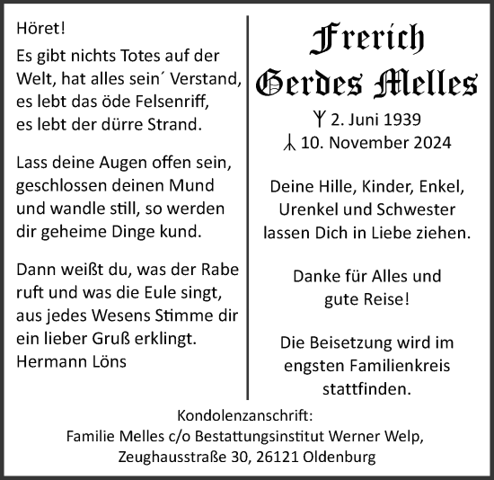 Traueranzeige von Frerich Gerdes Melles von Nordwest-Zeitung