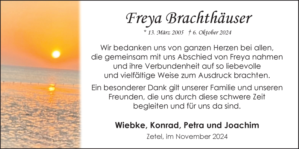  Traueranzeige für Freya Brachthäuser vom 23.11.2024 aus Nordwest-Zeitung