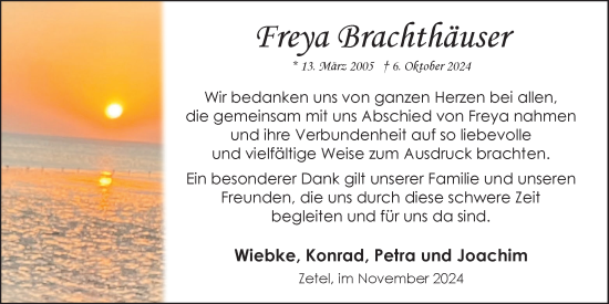 Traueranzeige von Freya Brachthäuser von Nordwest-Zeitung