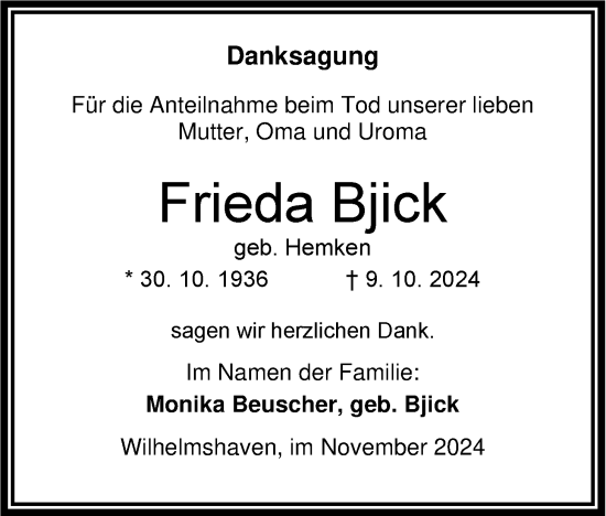 Traueranzeige von Frieda Bjick von WZ/JW/AH