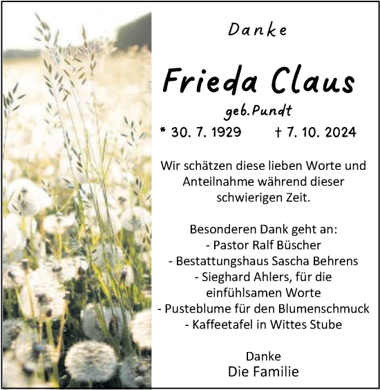 Traueranzeige von Frieda Claus von Nordwest-Zeitung