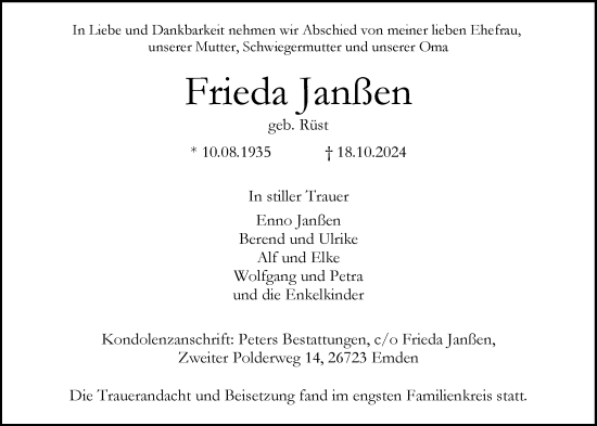 Traueranzeige von Frieda Janßen von Emder Zeitung