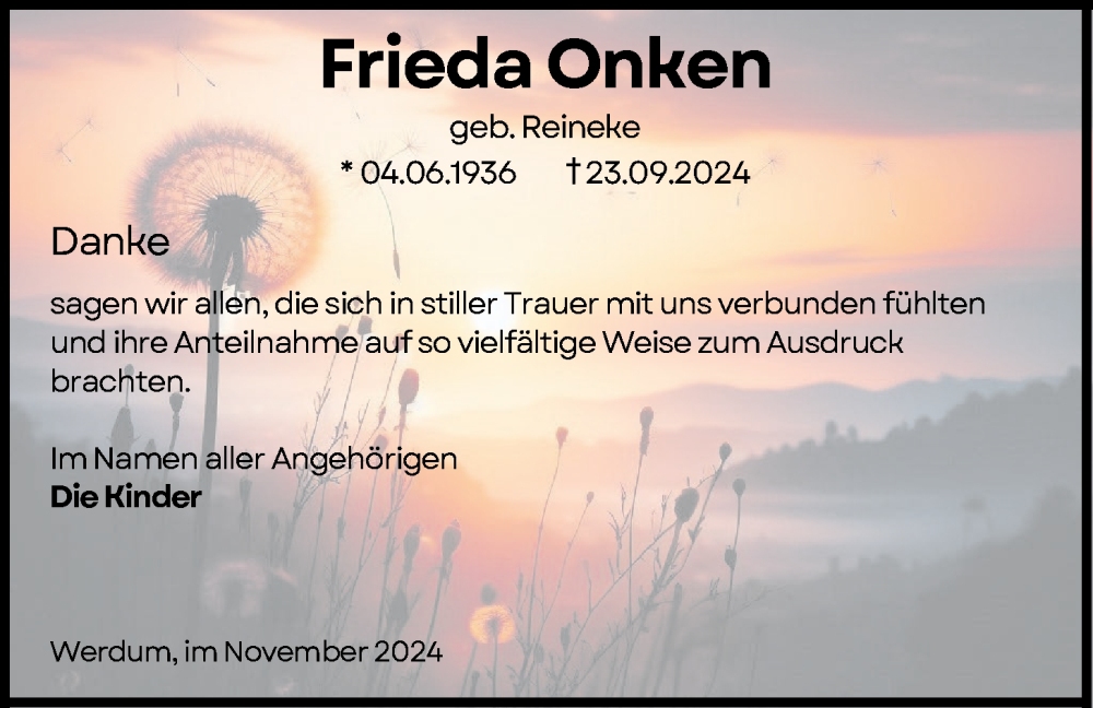  Traueranzeige für Frieda Onken vom 22.11.2024 aus WZ/JW/AH