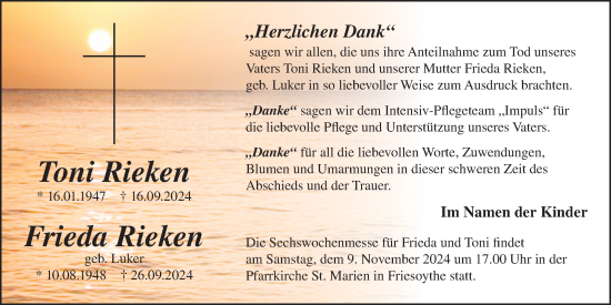Traueranzeige von Frieda Rieken von Nordwest-Zeitung