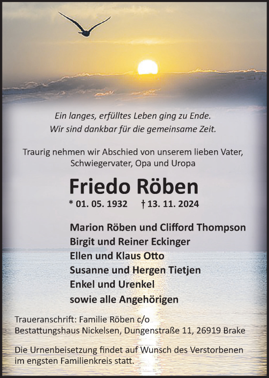 Traueranzeige von Friedo Röben von Nordwest-Zeitung