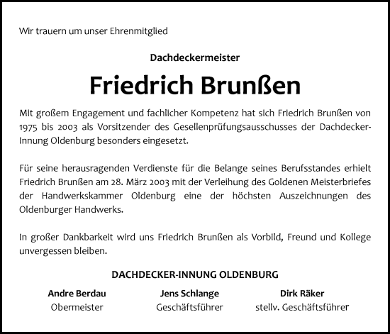 Traueranzeige von Friedrich Brunßen von Nordwest-Zeitung