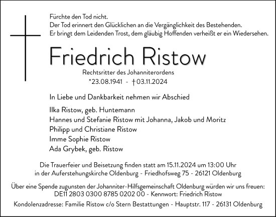 Traueranzeige von Friedrich Ristow von Nordwest-Zeitung