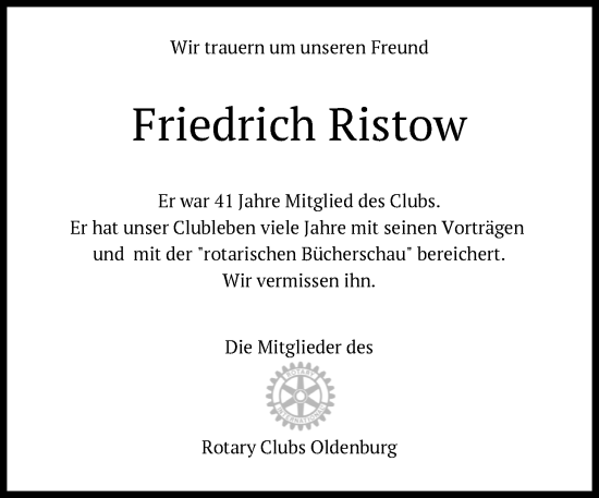 Traueranzeige von Friedrich Ristow von Nordwest-Zeitung