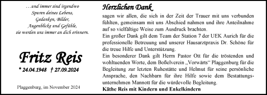 Traueranzeige von Fritz Reis von Emder Zeitung