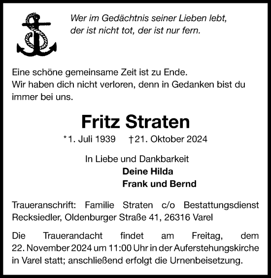 Traueranzeige von Fritz Straten von Nordwest-Zeitung