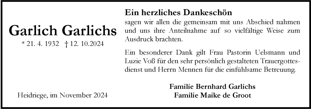  Traueranzeige für Garlich Garlichs vom 27.11.2024 aus WZ/JW/AH