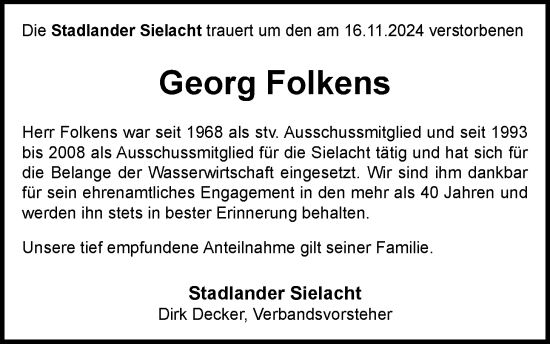 Traueranzeige von Georg Folkens von Nordwest-Zeitung