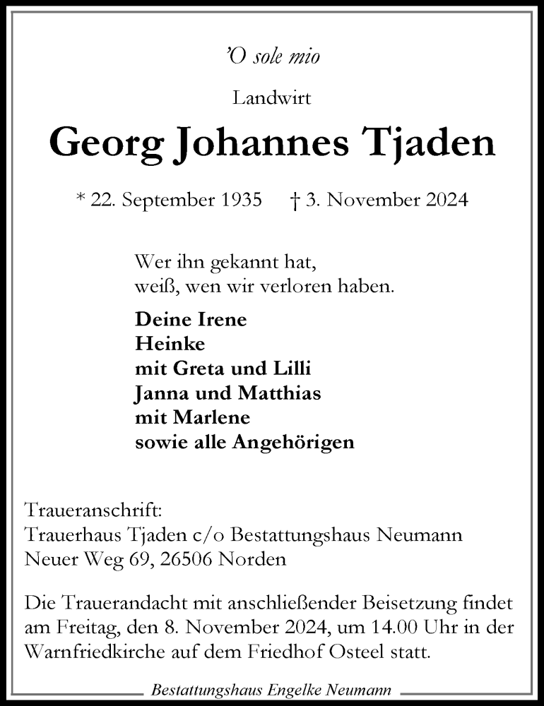  Traueranzeige für Georg Tjaden vom 07.11.2024 aus WZ/JW/AH