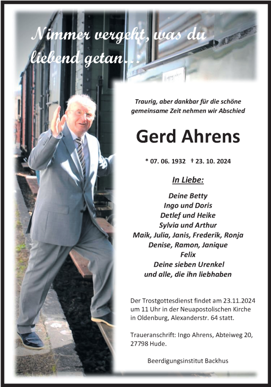 Traueranzeige von Gerd Ahrens von Nordwest-Zeitung