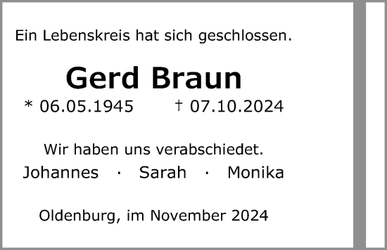 Traueranzeige von Gerd Braun von Nordwest-Zeitung
