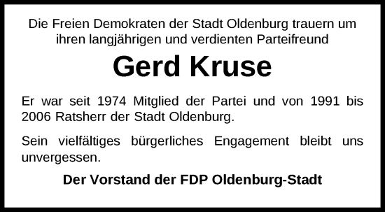 Traueranzeige von Gerd Kruse von Nordwest-Zeitung