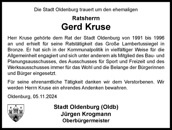 Traueranzeige von Gerd Kruse von Nordwest-Zeitung