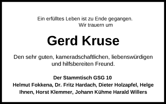 Traueranzeige von Gerd Kruse von Nordwest-Zeitung