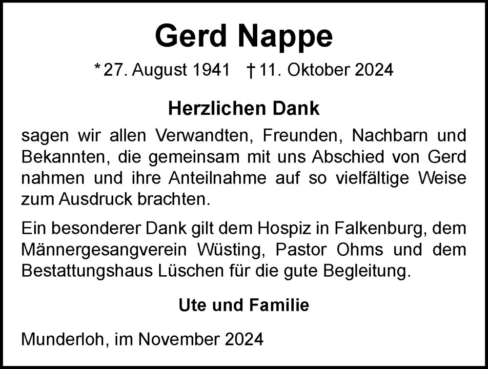  Traueranzeige für Gerd Nappe vom 16.11.2024 aus Nordwest-Zeitung