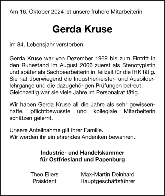 Traueranzeige von Gerda Kruse von Emder Zeitung