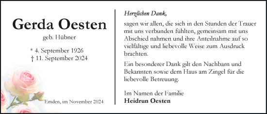 Traueranzeige von Gerda Oesten von Emder Zeitung
