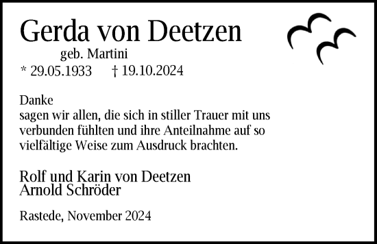 Traueranzeige von Gerda von Deetzen von Nordwest-Zeitung