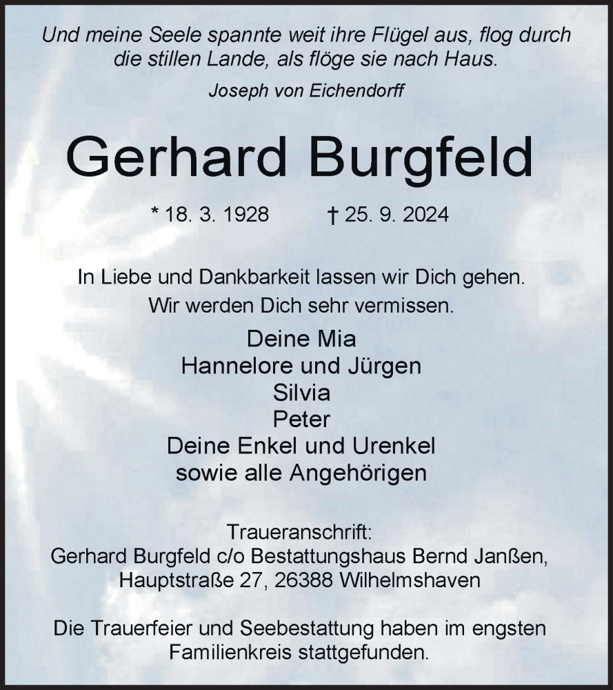  Traueranzeige für Gerhard Burgfeld vom 02.11.2024 aus WZ/JW/AH