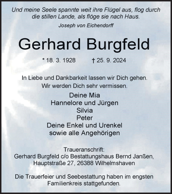 Traueranzeige von Gerhard Burgfeld von WZ/JW/AH