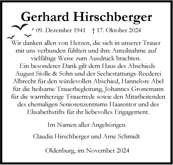 Traueranzeige von Gerhard Hirschberger von Nordwest-Zeitung